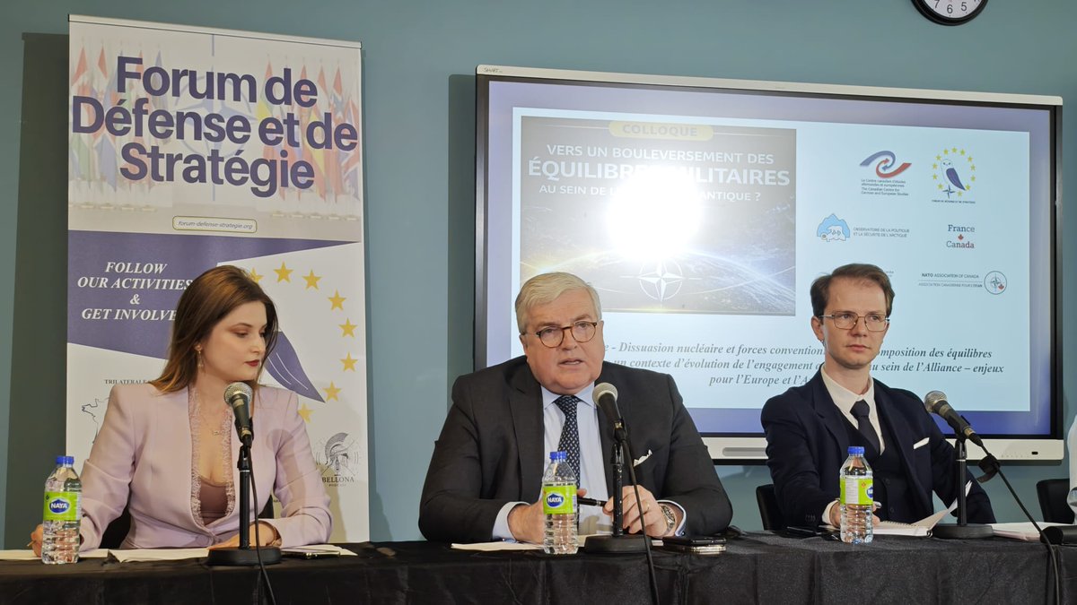 FDS_Forum's tweet photo. Le FDS est ravi d’avoir pu organiser lundi dernier le colloque sur l'évolution des équilibres militaires au sein de l'alliance à l’ENAP à Gatineau autour des transformations des équilibres militaires au sein de l’Alliance atlantique (en partenariat avec Centre de recherche sur la gouvernance (CERGO), l'Observatoire de la politique et la sécurité de l’Arctique (OPSA), @NATOCanada, @FranceCanada_; @Benjamin_Boutin)

Les discussions ont permis d’aborder plusieurs enjeux majeurs pour l’avenir de la sécurité euro-atlantique : articulation entre dissuasion nucléaire et forces conventionnelles, évolution de l’engagement américain au sein de l’OTAN, évolution des équilibres militaires au sein de l'alliance, sécurité de l’Arctique, souveraineté numérique et protection des infrastructures critiques.

Un grand merci à l’ambassadeur Michel Miraillet (Ambassade de France au Canada, @franceaucanada) et à l’ensemble des intervenants, modérateurs et participants pour la qualité des échanges: Colonel Oskars Kudlis (attaché de défense de la Lettonie au Canada), Général de brigade Carol Potvin (@DefenseCanada), Prof. Chantal Lavallée, Prof. Mathieu Landriault, Dr. Sylvana Al Baba Douaihy, Alexander Rudolph, Dr. Christian Richter (@german institut for defence and strategic studies), Chantal Beauvais @LaurentBorzillo, @TeodoraMOROSAN2.

Merci également à Tomas Labelle Cossios, Camille Rocca Serra, Florent Guntz pour leur aide dans l'organisation de l'évènement.

La vidéo des deux panels et de l'évènement sera bientôt disponible.