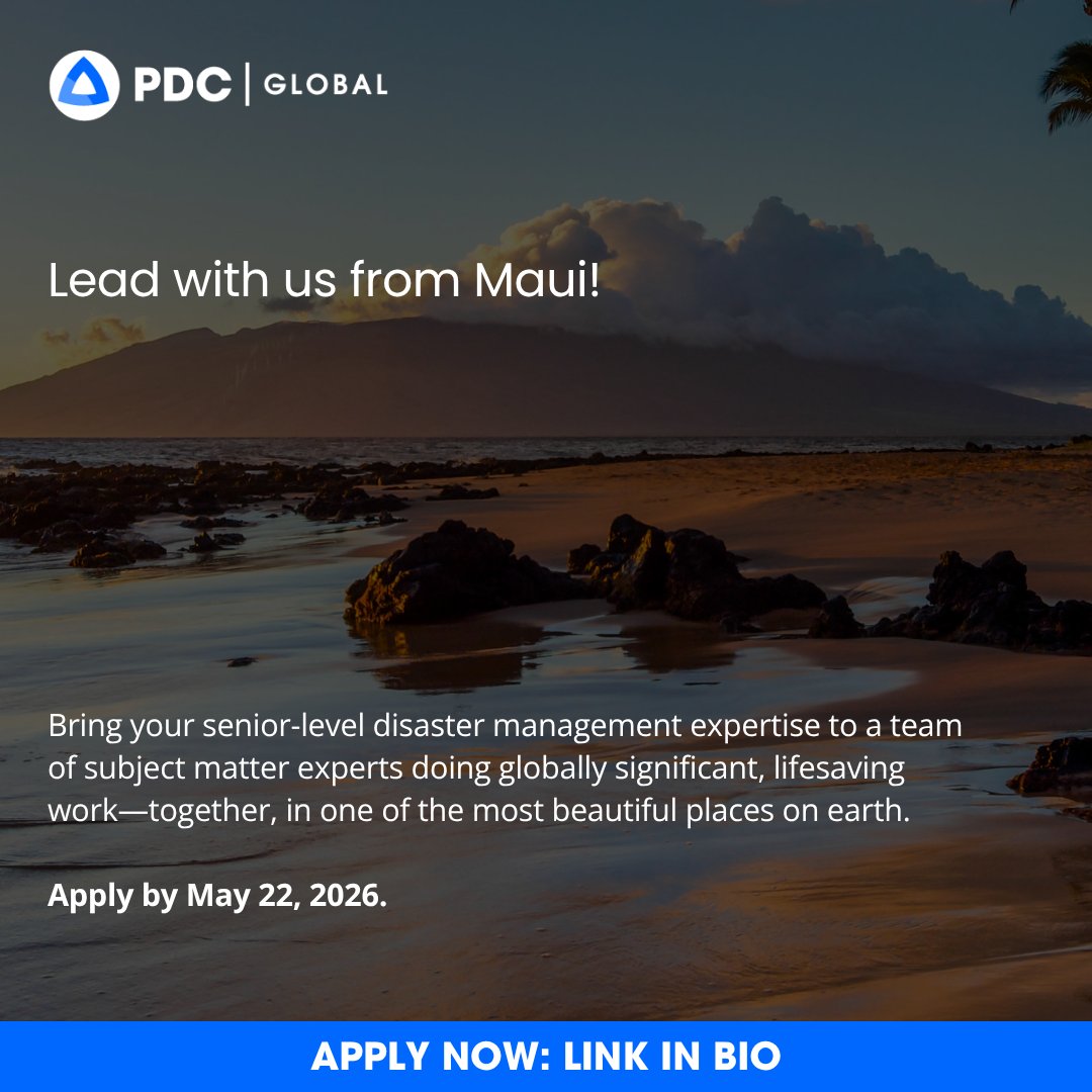 PDC_Global's tweet photo. We're hiring a Director of Global Operations with senior-level disaster management expertise.  

You’ll advise PDC's Executive Director, lead our Disaster Services, Hazard Curation, Response, Exercise, and Liaison teams, and shape the strategy behind our global work. 
Representing PDC's science-driven mission to reduce disaster risk and strengthen community resilience worldwide, you’ll work shoulder-to-shoulder with governments, militaries, humanitarian organizations, and regional disaster management bodies—turning complex operational challenges into action that helps communities prepare for, respond to, and recover from crises.  

You bring deep operational experience—inside Emergency Operations Centers, across multi-jurisdictional planning, and alongside international partners—and possess a real conviction for careful, upstream work of getting communities ready and saving lives.  

The role is based at our Kihei campus on Maui with a team of subject matter experts you’ll genuinely enjoy working alongside. Domestic and international travel is required. If this sounds like your next chapter—or that of someone you know—applications close May 22, 2026.  

Apply now: https://t.co/uC86AItZNz 

#NowHiring #DisasterManagement #EmergencyManagement #HumanitarianAssistance #PDCGlobal #MauiJobs