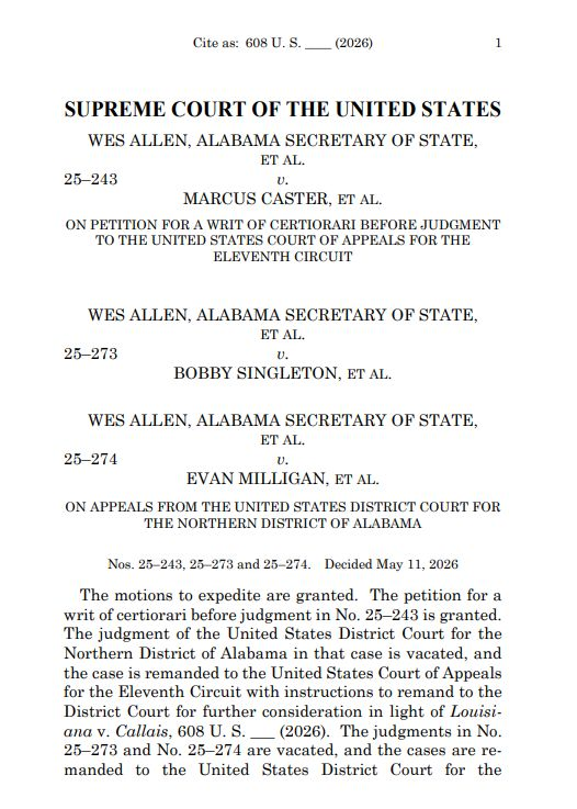 🚨 BREAKING: The Supreme Court just gave Alabama the green light to redraw its congressional districts in light of the Callais decision.

It's time for one of America’s best Governors-- <a href="/GovernorKayIvey/">Governor Kay Ivey</a>-- to end the racial gerrymandering and flip Alabama from 5R-2D to 7R-0D.