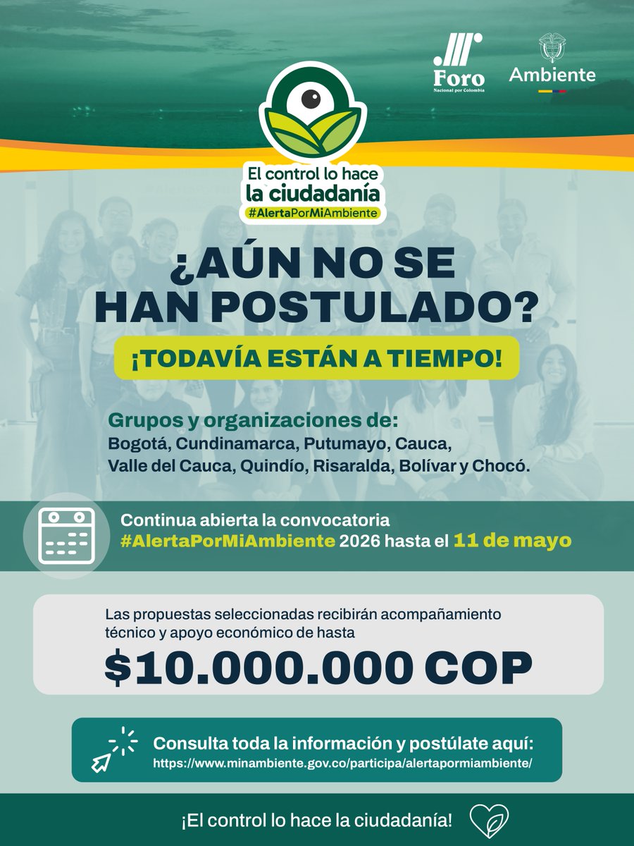 MinAmbienteCo's tweet photo. ⏳ ¡Último día para participar!
Convocatoria Pública 2026 de #AlertaPorMiAmbiente.

Esta es tu oportunidad para fortalecer iniciativas de control social ambiental en tu territorio.

Recuerda: 150 procesos serán seleccionados y recibirán apoyo técnico y económico.

No dejes pasar esta oportunidad de aportar al cuidado de nuestros recursos naturales.

🔎 Postúlate ahora en:
https://t.co/mNJ4IhxhN6

#AlertaPorMiAmbiente