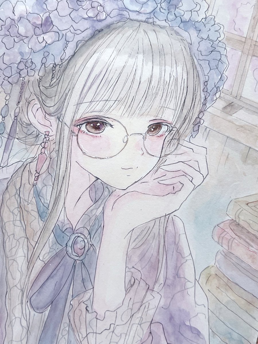 出品中です🖼️ 【原画】手描きイラスト オリジナル 文学少女 透明水彩