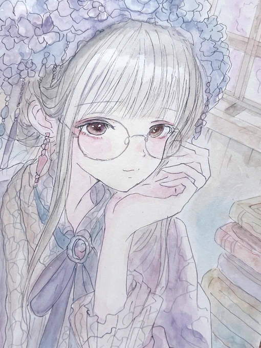 出品中です 【原画】手描きイラスト オリジナル 文学少女 透明水彩 A5 ラフ画つき 一点もの