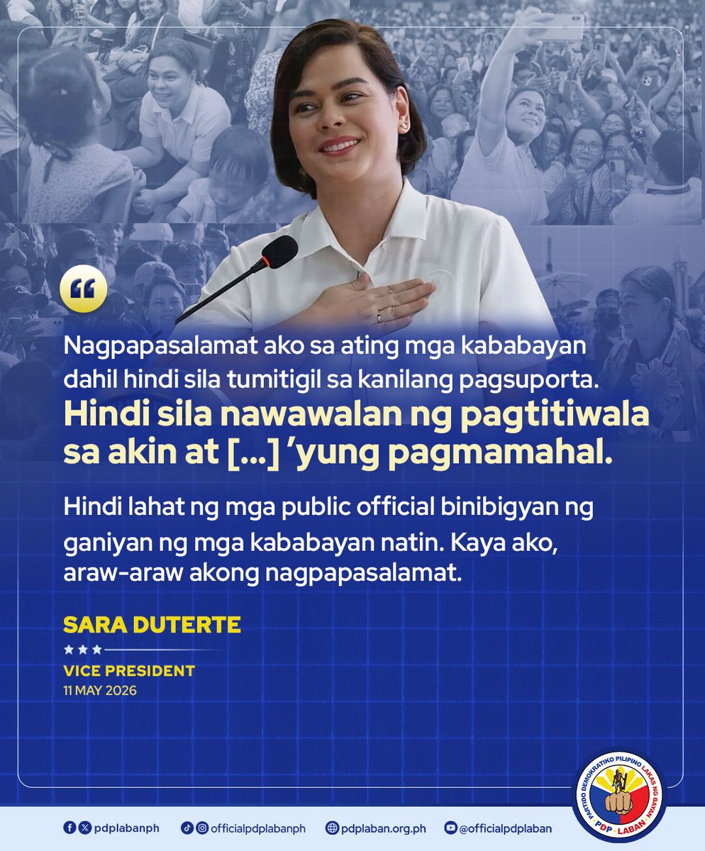 pdplabanph's tweet photo. Nagpasalamat si Vice President Sara Duterte sa patuloy na suporta at pagmamahal na ipinapakita sa kanya ng mga Pilipino.
#PDPLaban https://t.co/mDkj1Sfnxz