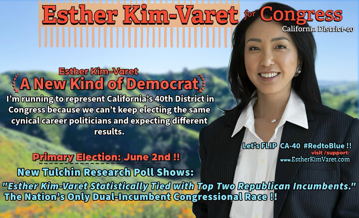 letat_lechat's tweet photo. #CA40 is a chance to go from #RedToBlue!
Democrat @estherkimvaret is in a tie with the top two Republicans in California's jungle primary.
The GOP candidates are splitting the RW vote.
Boost Kim-Varet now, and she will win in the general! https://t.co/hQXJ5mObGk