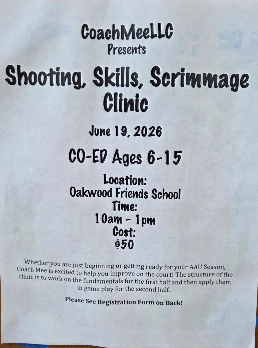 CoachMee's tweet photo. π CoachMeeLLC Shooting β’ Skills β’ Scrimmage Clinic
π
June 19
π Oakwood Friends School
β° 10AMβ1PM
π² $50
π₯ Ages 6β15
Limited spotsβDM to register or email CoachMeeLLC@gmail.com
#CoachMeeLLC #BasketballTraining #YouthHoops #SkillsClinic #ShootersShoot https://t.co/KqwxdFZBGV
