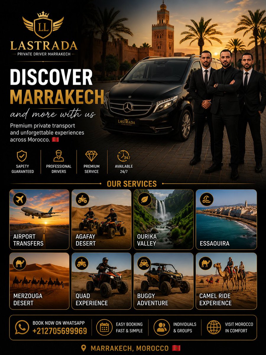 YLastrada's tweet photo. @NASA @Space_Station ✨ Discover Marrakech with LASTRADA PRIVATE DRIVER 🇲🇦🚐
Enjoy premium private transport and unforgettable excursions across
📲 Book now:
+212705699969
#Marrakech #Morocco #PrivateDriver #LuxuryTravel #Agafay #Essaouira #Merzouga #Ourika #AirportTransfer #LASTRADA https://t.co/qrdPhairHE