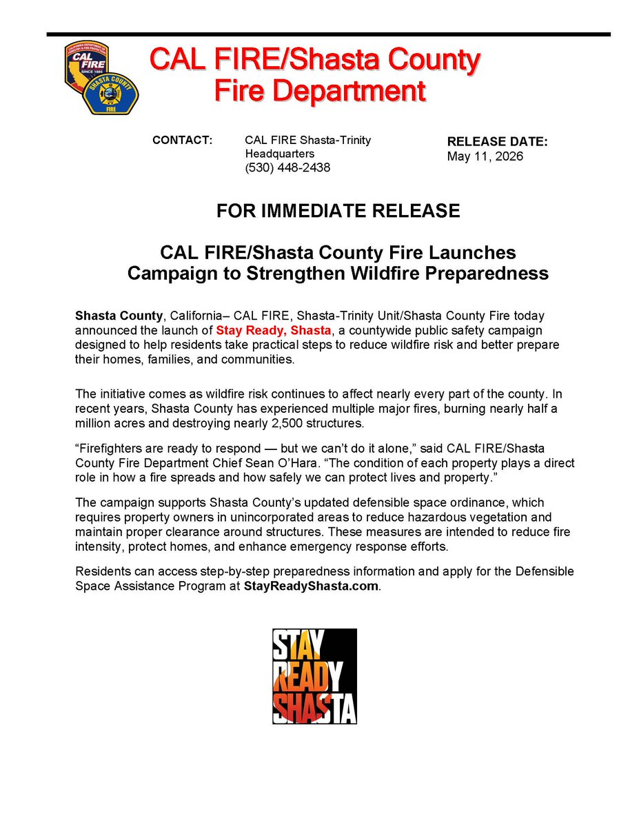 CALFIRESHU's tweet photo. CAL FIRE/Shasta County Fire is proud to announce the official launch of the Stay Ready Shasta campaign.  
Visit: https://t.co/9PWppAuzVA https://t.co/SBgtP6GTLo