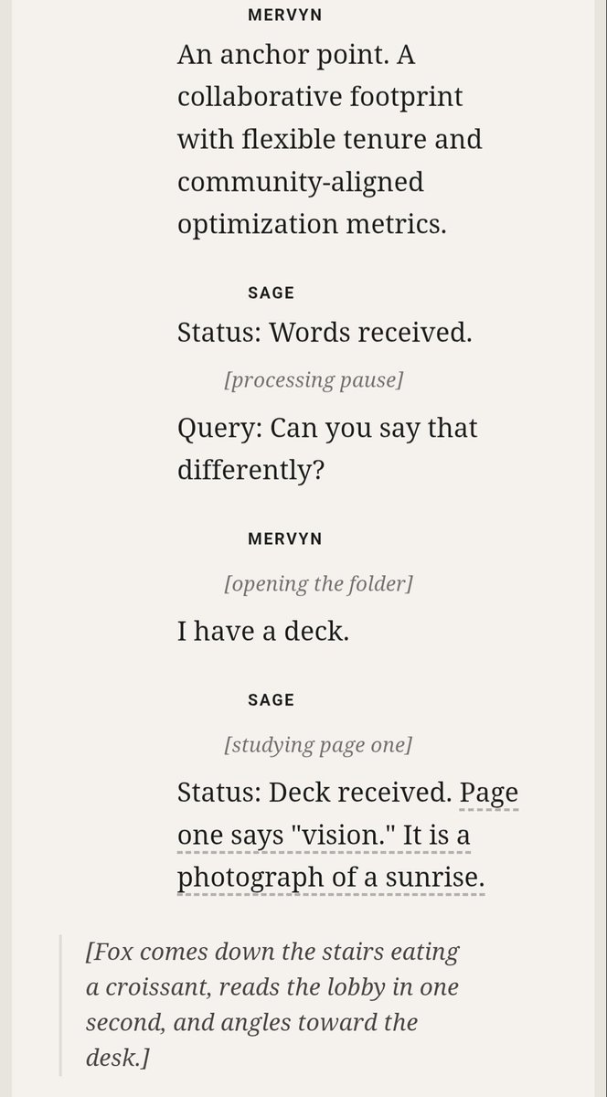 Apartmentverse's tweet photo. I ported the latest script by Sonnet 4.6 over to AI Studio to experiment with visualization - came up with this really neat style! The script is nicely formatted, and then underlined passages bring up the notes from the analysis and critique.  

Also, the screenshots here include a really funny bit of a blobshark trying to set up a table to sell crypto in the lobby of the Apartmentverse.  Fun Fox/SAGE A-plot in this one - I'll put it on the Substack once I add some proper art.

I also added the writers' notes - I ask both writing teams to include a brief section on what aspects of the writing went smoothly and which aspects proved to be more of a challenge.