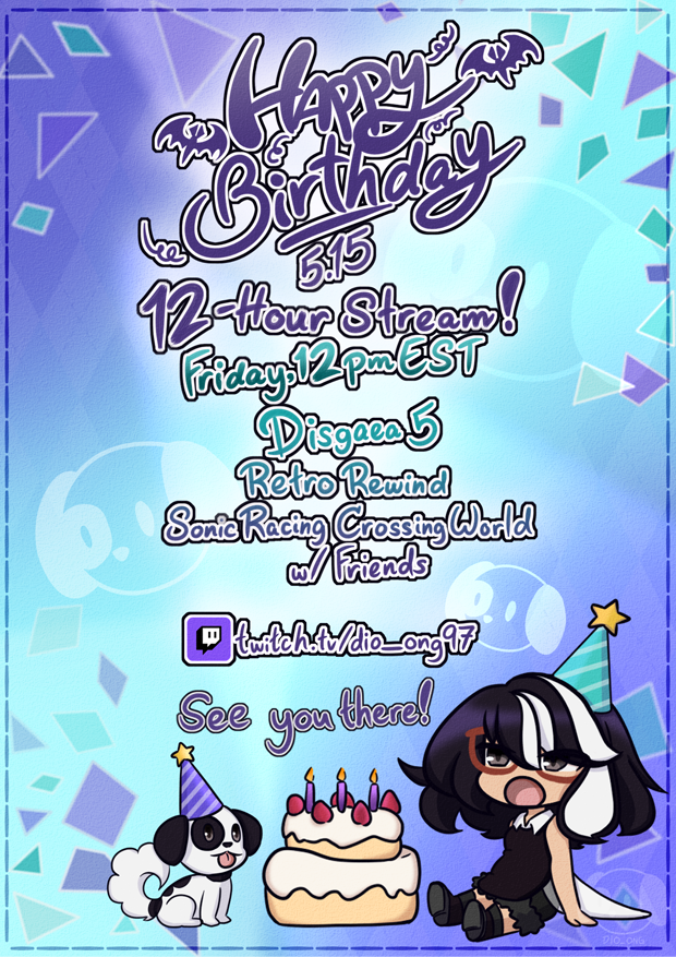 Dio_Ong97's tweet photo. I won't be streaming much this week because I'm going to have a 12-hour birthday stream this coming Friday, May 15 at 12pm EST!! 

Stop by and celebrate with me! It'll be much appreciated 💜
#vtuber #artist #ENVtuber #PNGtuber https://t.co/RQNKRGATXj