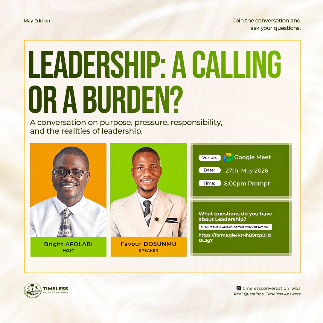 drmide_1's tweet photo. I’m back on here, and this feels like the right conversation to return with.

This month on TimeLess Conversations, we’ll be discussing:
“Leadership: A Calling or a Burden?”

A real conversation on purpose, pressure, responsibility, and the realities of leadership.
Join us. https://t.co/iQ5OXktP6E