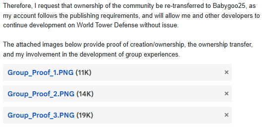 realsayon1's tweet photo. A roblox support email was sent, however the only response we got DESPITE having the highest rank in the group (with the holder being terminated) was that the account does not own the group, despite providing evidence we own the group holder account. https://t.co/hWSkPBxdys