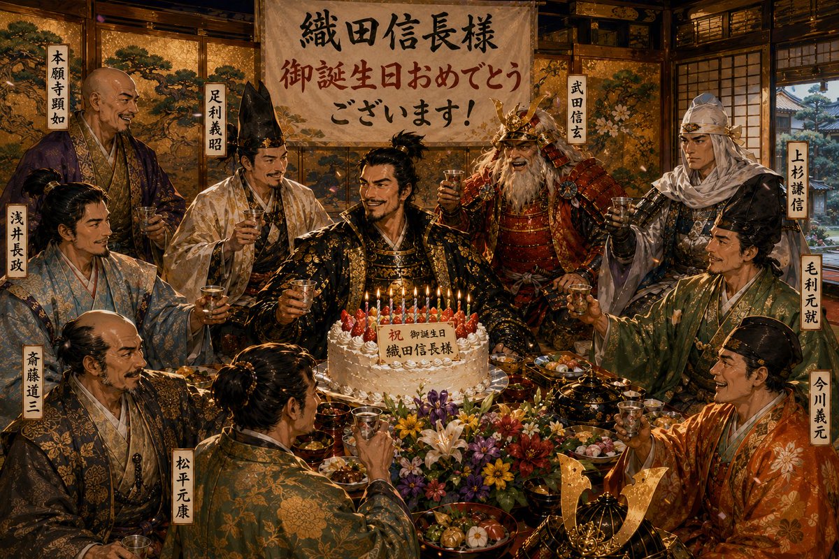 Nobunager's tweet photo. 朝から誕生日の祝賀会で大忙しである。
織田信長、お誕生日おめでとうの日である。 https://t.co/DfpbwIaOCB