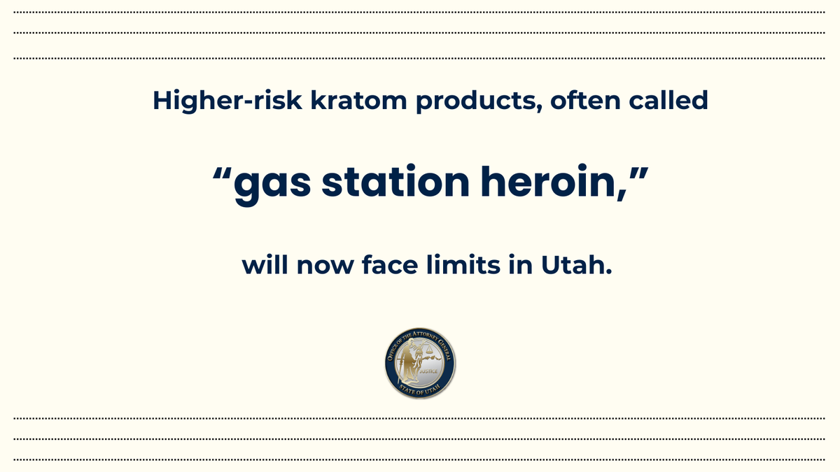 UtahAG's tweet photo. Utah law now bans kratom-mixed products from reaching consumers.

Lawmakers passed it to address safety risks. 

We successfully defended the law in court. https://t.co/sJKAOaCAst