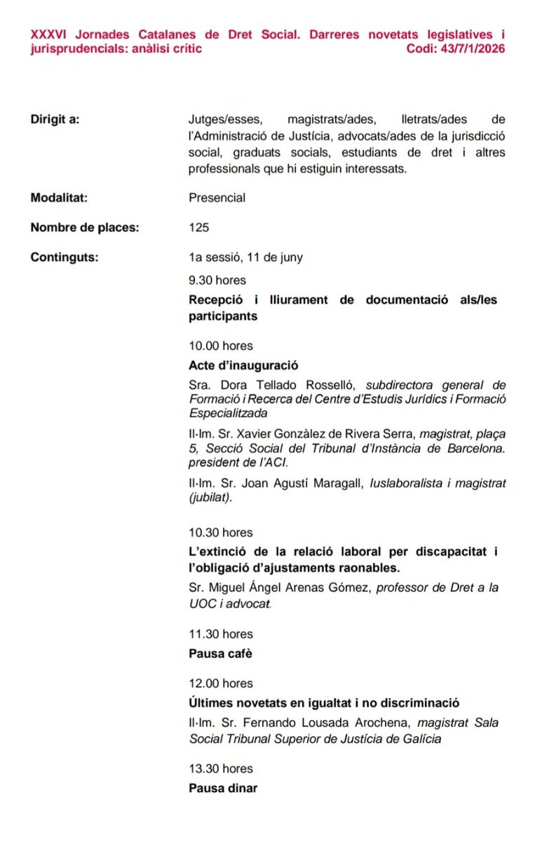 iuslaboralistes's tweet photo. Programa definitiu XXXVI Jornades Catalanes de Dret Social.
11 i 12 de juny de 2026
Inscripcions: CEJFE https://t.co/QFeTOjAYh3