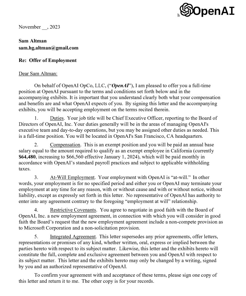 MTSlive's tweet photo. Offer letter sent to Sam Altman by OpenAI asking to bring him back. 

His base salary was $64,480, the minimum required to qualify as an exempt employee in California.

November, 2023 https://t.co/nHAJpBl0Cf