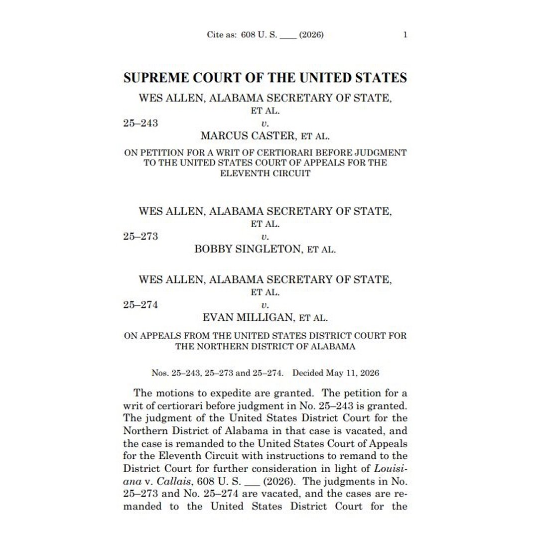 factpostnews's tweet photo. In a new decision, the Supreme Court's conservative justices have opened the door to Alabama eliminating one of their two majority-Black congressional districts.

For the 2026 midterms, Alabama will now push to revert to a 2023 map that was previously struck down for violating the Voting Rights Act.