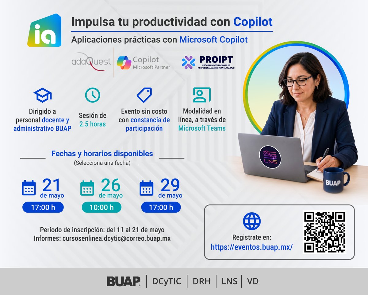 DRHBUAP's tweet photo. La DRH le invita al curso “Impulsa tu productividad con Copilot” 🤖💻

Aprenda a optimizar tareas y agilizar su trabajo con IA.

🎓 Dirigido a personal docente y administrativo BUAP
🖇️ Válido para Programas de Estímulo al Desempeño

💻 Registro sin costo: https://t.co/gIF2G7fgrB https://t.co/wInxWTeoo2