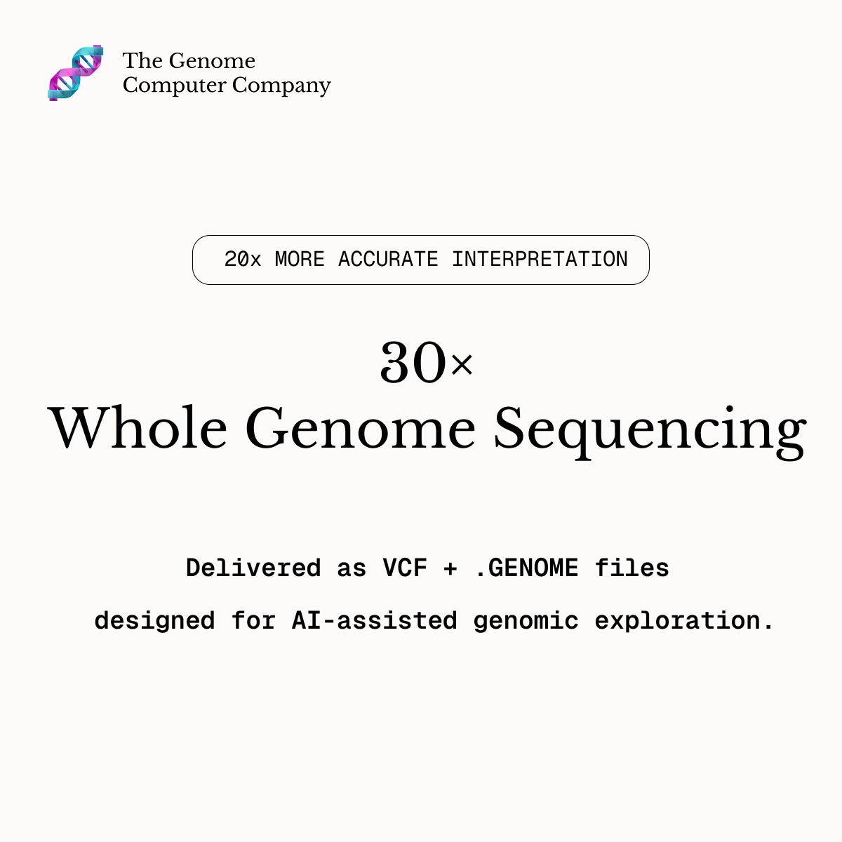 genomecomputer's tweet photo. For everyone who’s been waiting for the right time to sequence their genome: this is it.

30× whole genome sequencing, delivered in a format built for AI exploration.

Unlike others, @genomecomputer is a Public Benefit Corporation, legally restricted from ever selling your data.