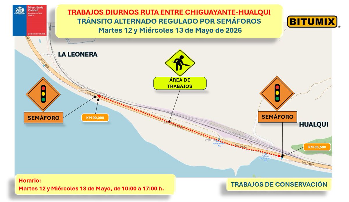 📍La dirección de Vialidad informa trabajos diurnos a realizar este martes 12 y miércoles 13 de mayo en Ruta entre Chiguayante y Hualqui.

✅ Se ejecutarán trabajos de mejoramiento de calzada.
⚠️ Respete señalización vial.
🚘 Transite con precaución.