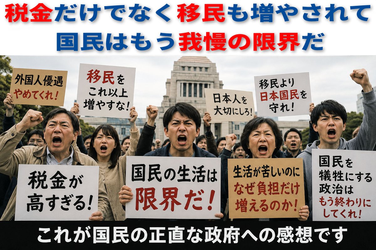 【税金だけでなく移民も増やされて国民はもう我慢の限界だ】

国民負担率は50%に限りなく近づき日々の暮らしもままならないのに移民まで増やされて我々が払った税金がつぎ込まれている。

日本国民を重税や物価高で苦しめて犠牲にし､外国や外国人への支援をする政府自民党はどこの国の政府なのか？
