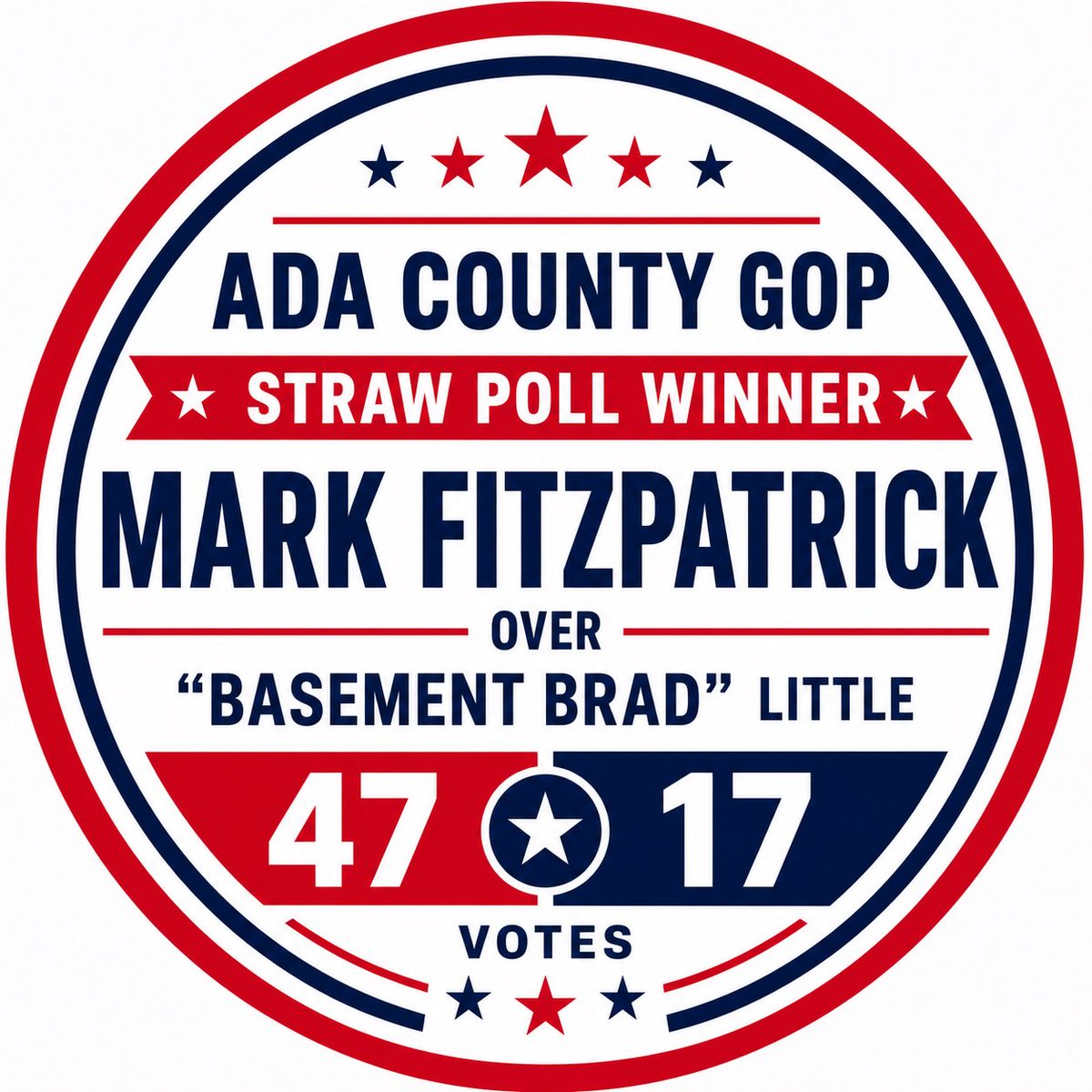 oldstatemark's tweet photo. MAJOR CLARIFICATION‼️

This is somewhat hysterical and very typical of RINO behavior:

The ADA County GOP wanted me to clarify with you all that they did NOT officially “ENDORSE” me. 

There was a poll taken of all the precinct committeemen. In that poll, I beat Brad Little 47 to 17. 

Apparently some of the 17 (who are clearly fake Republicans as they support traitor Brad Little) complained about the whole thing. 

So, my friends, whatever you do… DO NOT say that @ADAGOPCC “ENDORSED” me. 

Just say “Ada County GOP voted and Mark Fitzpatrick absolutely destroyed Brad Little  by 30 votes!  Mark got 73% and Brad got 27%.  Mark Fitzpatrick was the 2026 Ada County GOP Straw Poll Winner!  And it wasn’t even close!”

This will help clarify things and shelter some RINOs feelings from being hurt. 

Brad Little is a traitor who is orchestrating an invasion of Idaho.  What does that make his supporters?

Mark Fitzpatrick for Governor! May 19th.