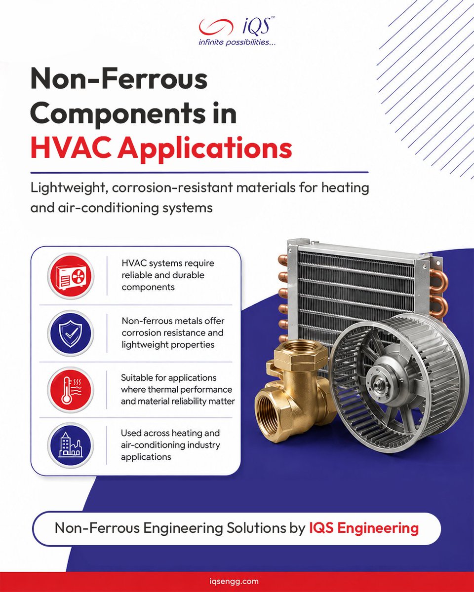 IqsEspl's tweet photo. HVAC systems depend on components that can perform reliably under demanding conditions.

Non-ferrous materials like aluminium, copper, and brass are widely used for their lightweight and corrosion-resistant properties.

#HVAC #Manufacturing #Engineering #Industrial https://t.co/GmdJmWe7w6
