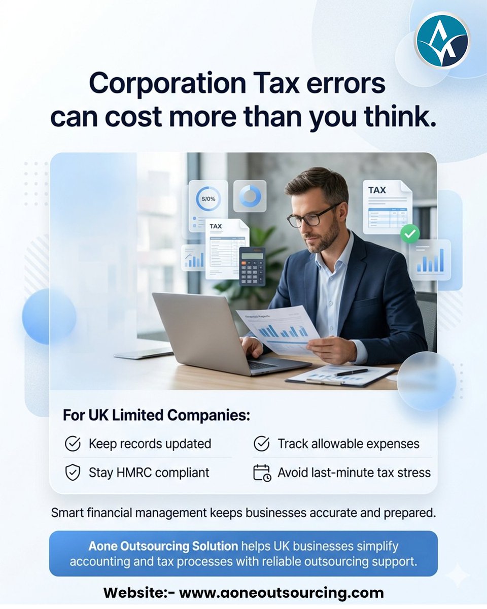 Aoneoutsource's tweet photo. UK Corporation Tax mistakes can cost more than you think.
Stay compliant, track expenses, and keep records updated to avoid last-minute tax stress.

#CorporationTax #UKBusiness #HMRC #TaxCompliance #Accounting #Bookkeeping #FinanceTips #UKAccounting #SmallBusinessUK https://t.co/YLItzBaVJX
