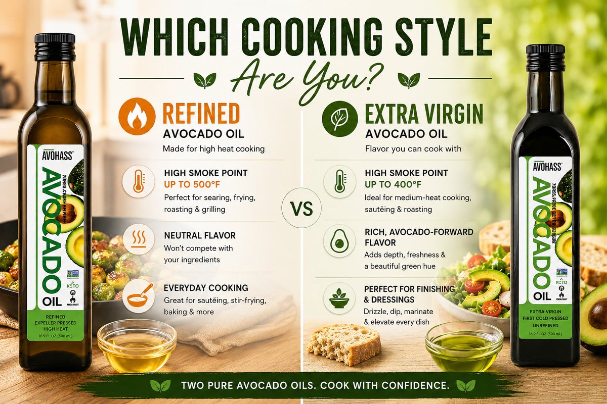 Avohass's tweet photo. Which cooking style are you? 🥑

🔥 Refined for high-heat cooking
🌿 Extra Virgin for flavor &amp; finishing
Find your perfect avocado oil at https://t.co/pcz0R3KDzZ https://t.co/q54zogCiYP