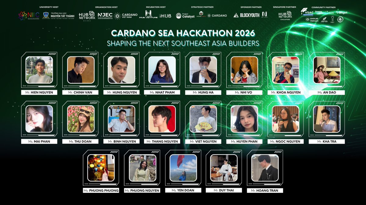 HUBNetworkVN's tweet photo. ✨ANNOUNCING THE MEDIA AMBASSADORS – CARDANO SEA HACKATHON 2026: WHO ARE THEY?

🔥In partnership with shaping the next generation of Southeast Asian tech builders in the Blockchain era, Cardano SEA Hackathon 2026 officially introduces its Media Ambassadors – young individuals representing a generation that not only learns technology but also dares to build products and compete on the regional stage.

💫More than just dynamic individuals within the student and developer community, the Media Ambassadors also serve as a bridge to spread practical perspectives on the product development journey – where the story doesn't stop at ideas, but revolves around how a solution is formed, tested, and developed in a real-world competitive environment.

With a builder mindset, a spirit of learning, and the ability to connect with the community, they will contribute to bringing the core values ​​of the competition closer to the ecosystem: from students and programmers to startups in their early stages.

🌟Through the ambassadors, Cardano SEA Hackathon 2026 is not just a competition, but also a journey told through intimate and authentic perspectives – from the idea generation process, the challenges in building, to the practical lessons learned when entering the Blockchain ecosystem.

💌Let's welcome and follow the journey of the Media Ambassadors – those who will accompany, spread, and connect the builder community at Cardano SEA Hackathon 2026!