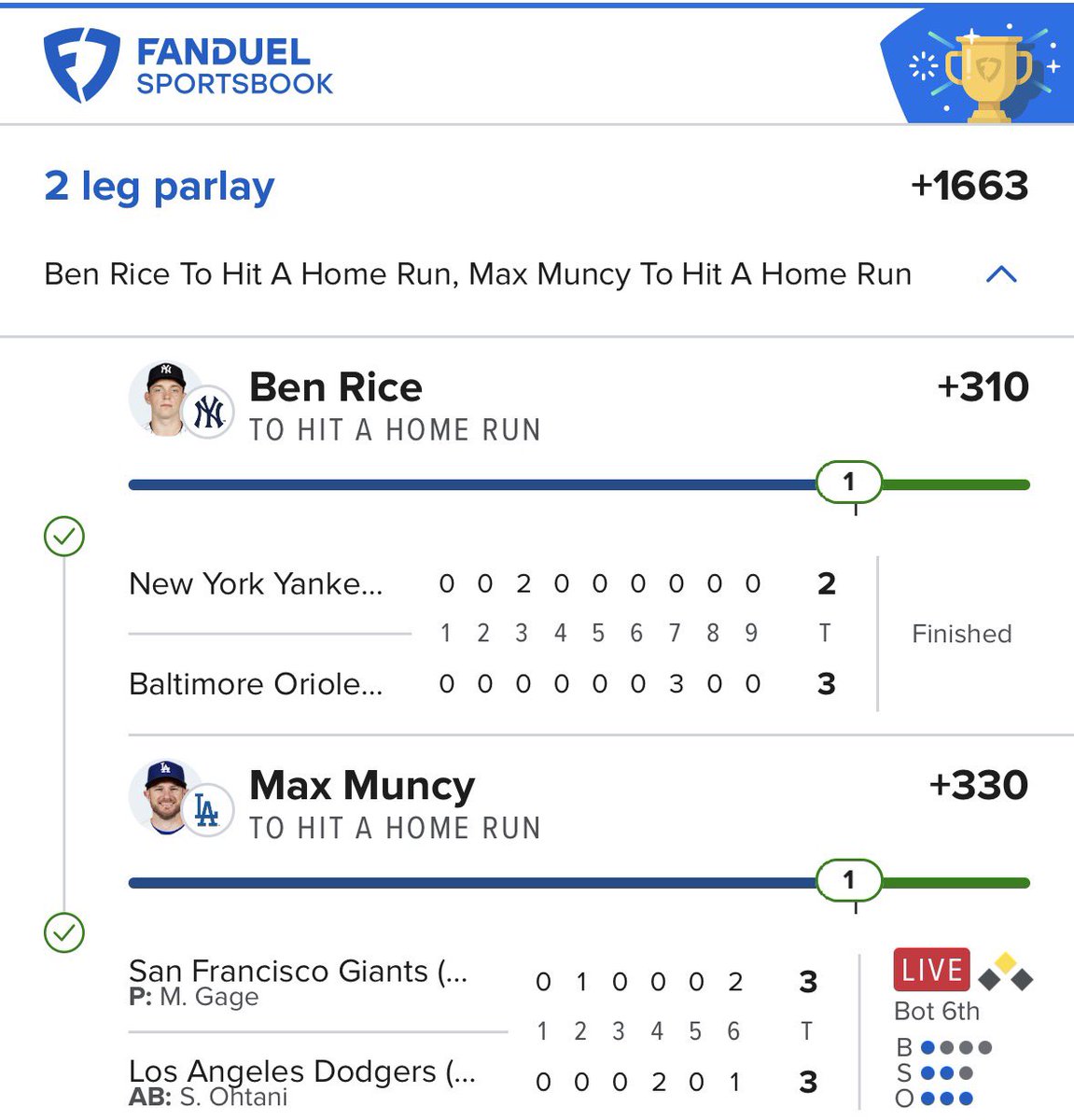 Chedzz's tweet photo. Muncy + Rice (+1600)  ✅💣

Thankfully was my pair and the other 2 both came up short. 

MLB continues to be a saving grace for me in @PlaysLab https://t.co/YrzE8LG3X1