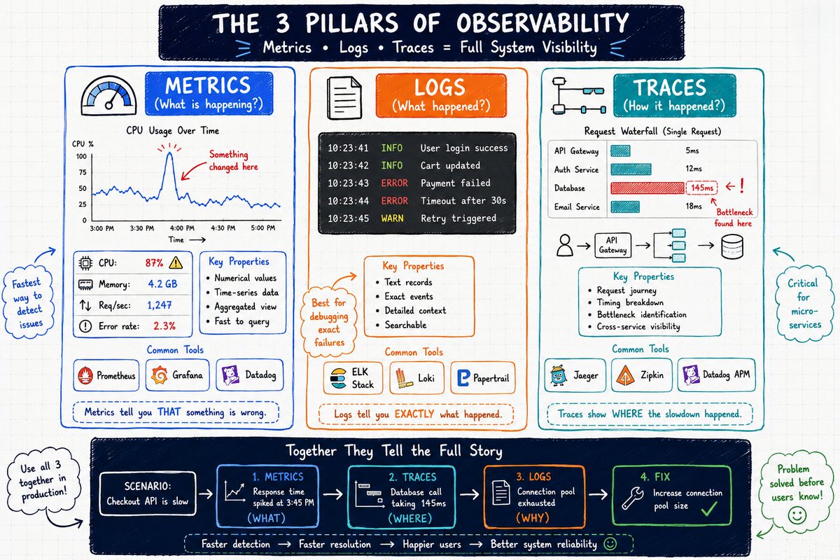 devXritesh's tweet photo. System Design Series - Day 19/30

The 3 Pillars of Observability

Most junior engineers think 
monitoring = “is the server up?”

That’s like a doctor only checking if the patient is breathing.

Real observability has 3 pillars.   

Mastering them will make you stand out in every senior interview.

Thread 👇