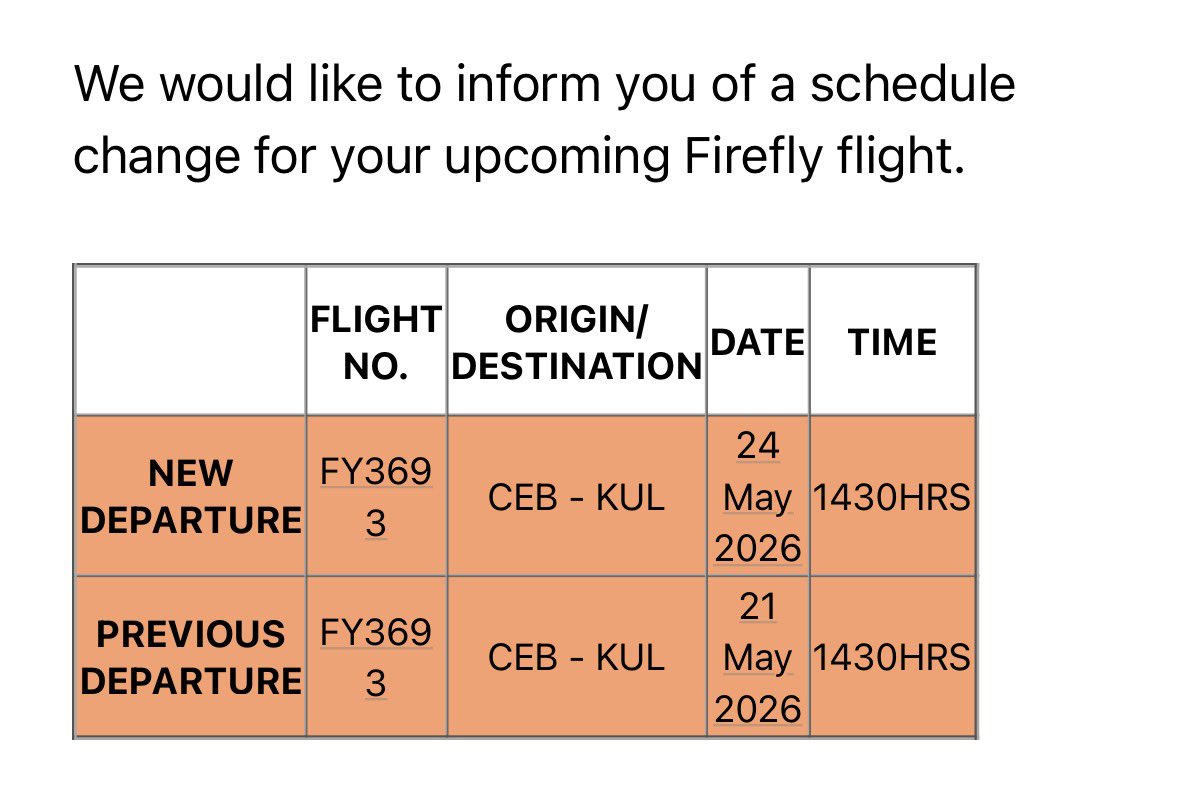 leightonst's tweet photo. @FireflyAirlines you’ve cancelled my Cebu - Kuala Lumpur flight and rebooked it to depart three days after my connecting flight departs Kuala Lumpur, which remains unchanged. It’d be great to know how you expect me to time travel to make this itinerary work… https://t.co/wcIfVvOMO5