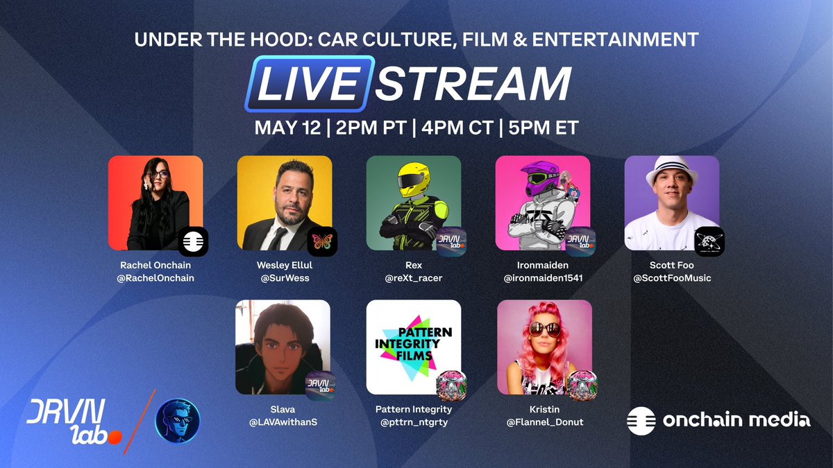 RachelOnchain's tweet photo. Tomorrow! 🗓️

We have a STACKED lineup of speakers for our weekly Under The Hood stream with @DRVNlabo 🚗💨

We'll be discussing the intersection of car culture, film and entertainment with some legendary speakers, including:
🎙️ @reXt_racer of @DRVNlabo 
🎙️ @ironmaiden1541 of @DRVNlabo 
🎙️ @LAVAwithanS of @DRVNlabo 
🎙️ @SurWess of @_technotainment 
🎙️ @ScottFooMusic of @OrbitalBeam 
🎙️ Kristin of @Flannel_Donut 
🎙️ @pttrn_ntgrty of @Flannel_Donut

Pull up tomorrow! 🏁