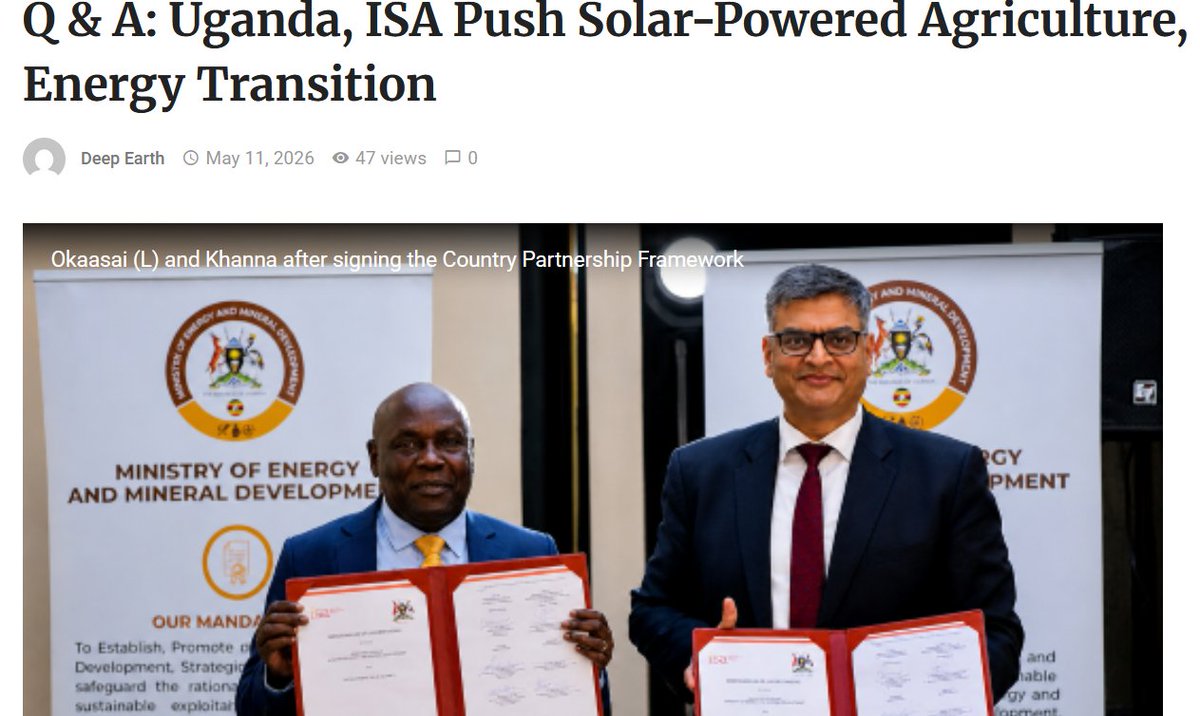 brianisabirye's tweet photo. Uganda’s energy transition must go beyond lighting homes. The next frontier is productive use:
☀️ Solar irrigation
❄️ Solar cold chains
🌾 Solar agro-processing
🚜 Solar-powered agriculture
This is where energy access becomes:
✔️ food security
✔️ climate resilience
✔️ rural industrialization
✔️ jobs and incomes
Uganda has the potential to become Africa’s leading model for integrating agriculture, productive energy use, and decentralized solar systems.
The future of energy transition in Africa is not only about megawatts.
It is about transforming livelihoods.
Excellent insights from the International Solar Alliance (ISA):
Deep Earth Intelligence interview
https://t.co/d8FOCcFS5N #EnergyTransition #SolarIrrigation #ProductiveUseOfEnergy #Mission300 #EnergyAccess #ClimateAction @isolaralliance @MEMD_Uganda @HonOkaasai