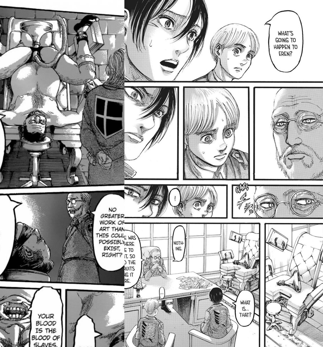 ereri101's tweet photo. In ch.110 zackly wants to put eren on his fetish machine before getting rid of him and I can’t help but think it’s an indirect consequence of what Levi said to hanji to rescue eren from their pestering. 

he didn’t communicate with emotional honesty not back in ch.89 and not in the last time he saw eren when he kicked him,thinking it would save him from zackly again. It feels like a narrative punishment for not trying to save eren the right way