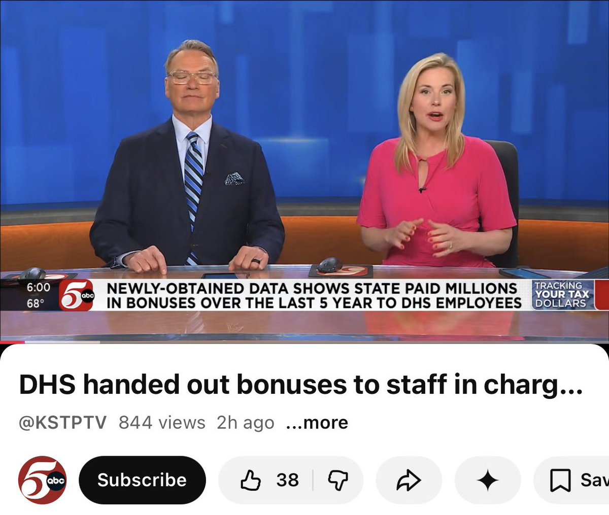 Wikstrom2026's tweet photo. ***Breaking News from KSTP***

DHS handed out ‘Achievement Awards’ to the employees overseeing a fraud-riddled program. Achievement in what - wasting your money?

Point 3 of my plan to fight fraud:  CLAW BACK fraudulent payments AND the bonuses of those responsible! https://t.co/s5isf4x1td