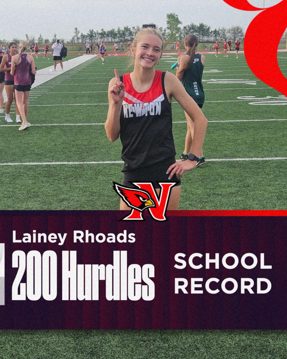 CardinalAD's tweet photo. Congratulations to Lainey Rhoads for breaking the 8th grade 200 hurdle record in a time of 29.28 last Monday at Chariton. She broke the record set in 1996 by Amanda Manatt. https://t.co/T583JdvWtM