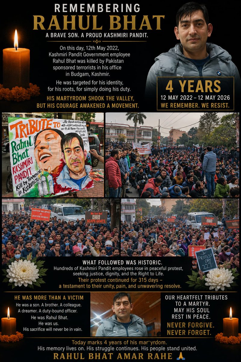 RanjanJotshi's tweet photo. @Batt_Kot On the 4th death anniversary of Rahul Bhat, we remember with deep pain and sorrow the innocent life brutally taken by terrorists inside his office.
Your sacrifice shook every heart, but your courage and memory continue to inspire us.
May your pious soul attain Moksh. 
 🕉Shanti🕉 https://t.co/5tKrfQkeLn