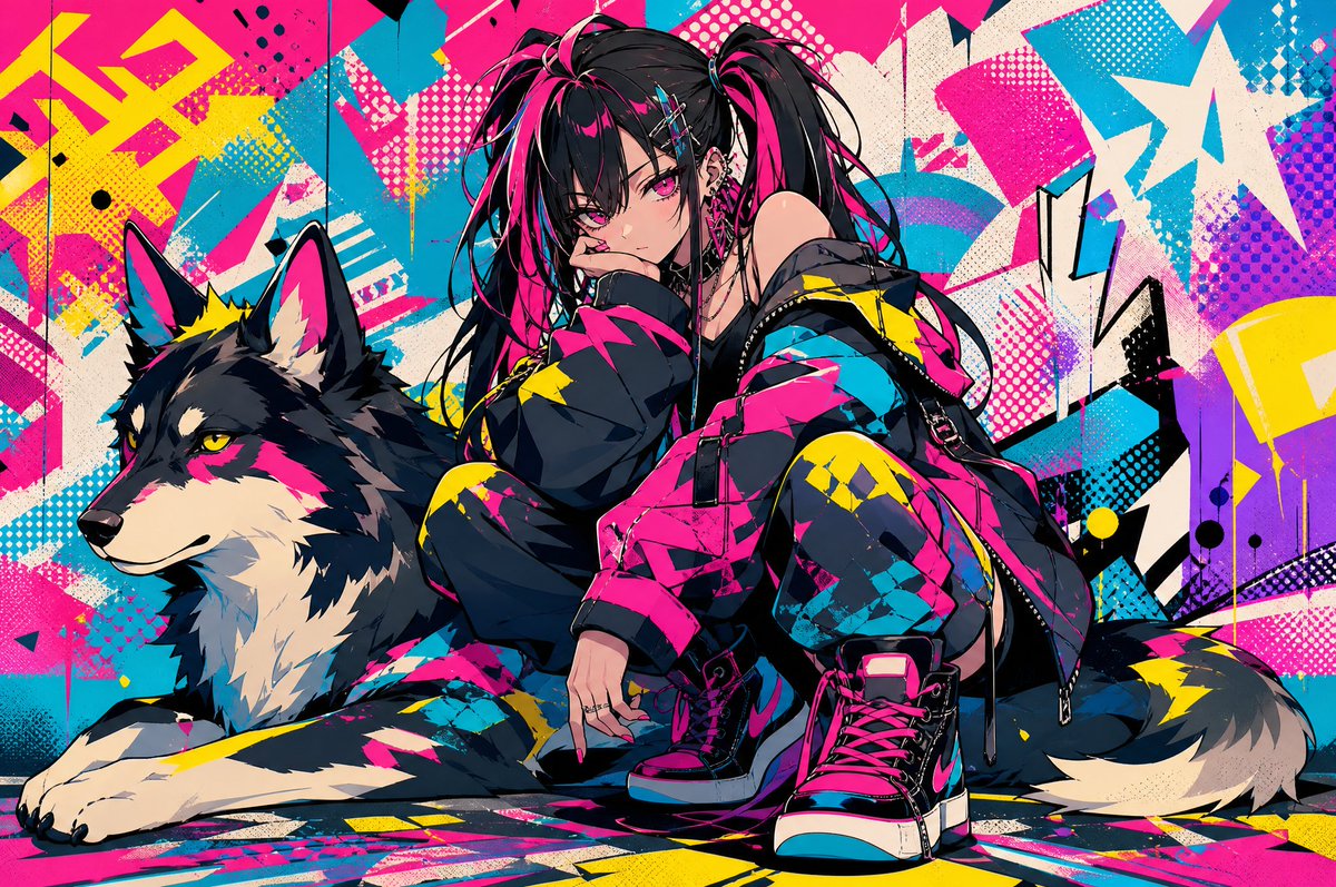 Neon Punk Girl with Husky