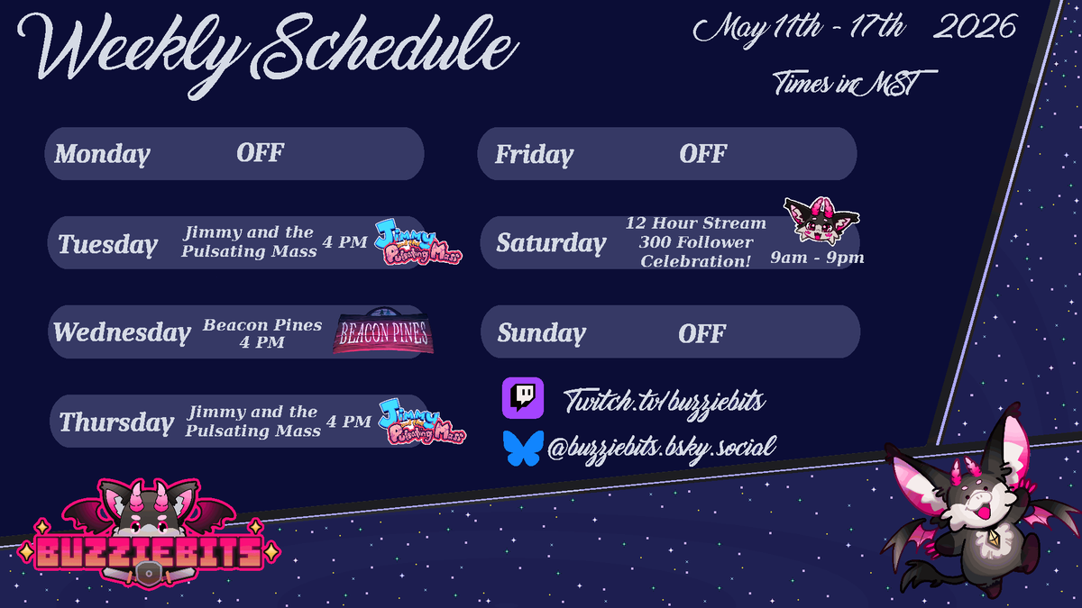 buzziebits's tweet photo. New schedule for this week is here!
Changing up days a bit so I can have friday off before the 12 hour stream on saturday!
I'll be posting on discord in the next couple days what you can expect to see during the 12 hour stream!
#schedule #vtuber #twitch #12hourstream https://t.co/dzj1Z9VEG7