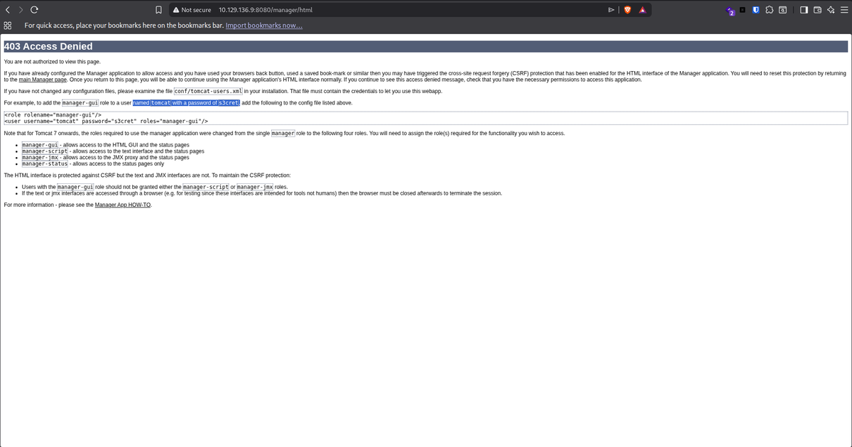 al1enr00t's tweet photo. Hit /manager/html on the first try.
Default creds? Still there. tomcat:s3cret โ
Some boxes don't even lock the door. ๐ช๐
#HackTheBox #DefaultCreds #Tomcat #Pentesting https://t.co/l21gZaRbFW