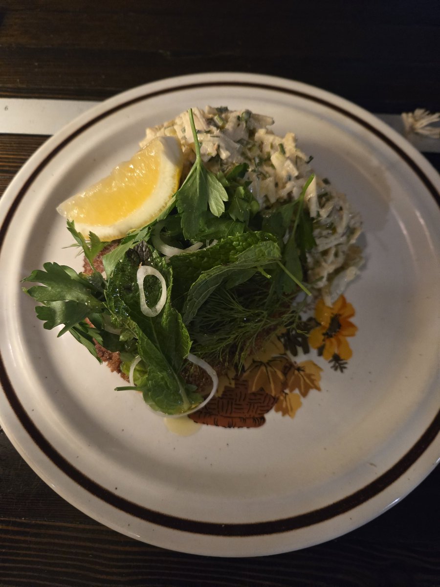Hiarky's tweet photo. Not my dish but its a fun take on fish and chips, jicama slaw with fried egg tartar sauce, herb salad and a red snapper katsu https://t.co/M4ijOeizdI