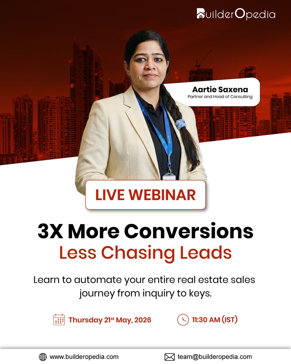 BuilderOpedia's tweet photo. Join the Live Webinar and discover how real estate businesses are automating their entire sales journey from inquiry to keys with smarter workflows, faster follow-ups, and data-driven sales processes.

📅 21st May 2026
🕛 11:30 AM IST
 https://t.co/BDr4ZI3BSr

 #LiveWebinar #CRM https://t.co/dtrqS7aHCL