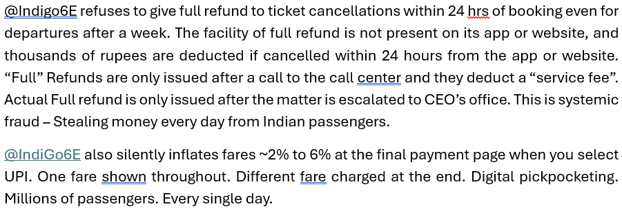 FeedlyM's tweet photo. @DGCAIndia Please look into this. @indigo6E acknowledges the #fraud and blatant disregard for the law, but doesn’t fix it. @RamMNK, @raghav_chadha - I have been interacting with them for the past two years about this, but they don’t fix this. https://t.co/Ol2WVUsABw