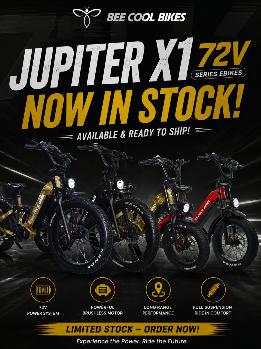 BeecoolBikes's tweet photo. 🔔Jupiter X1 72V In Stock Now!😍
🔥Jupiter X1 72V series ebikes are finally in stock and ready to ship!
https://t.co/JvZwR2I0Ny
#JupiterX1 #72VEbike #ElectricBike #EbikeLife #PerformanceEbike #FatTireEbike #ElectricRide #RideElectric #EbikeCommunity #LimitedStock #ReadyToShip https://t.co/vMMHQ3xyON