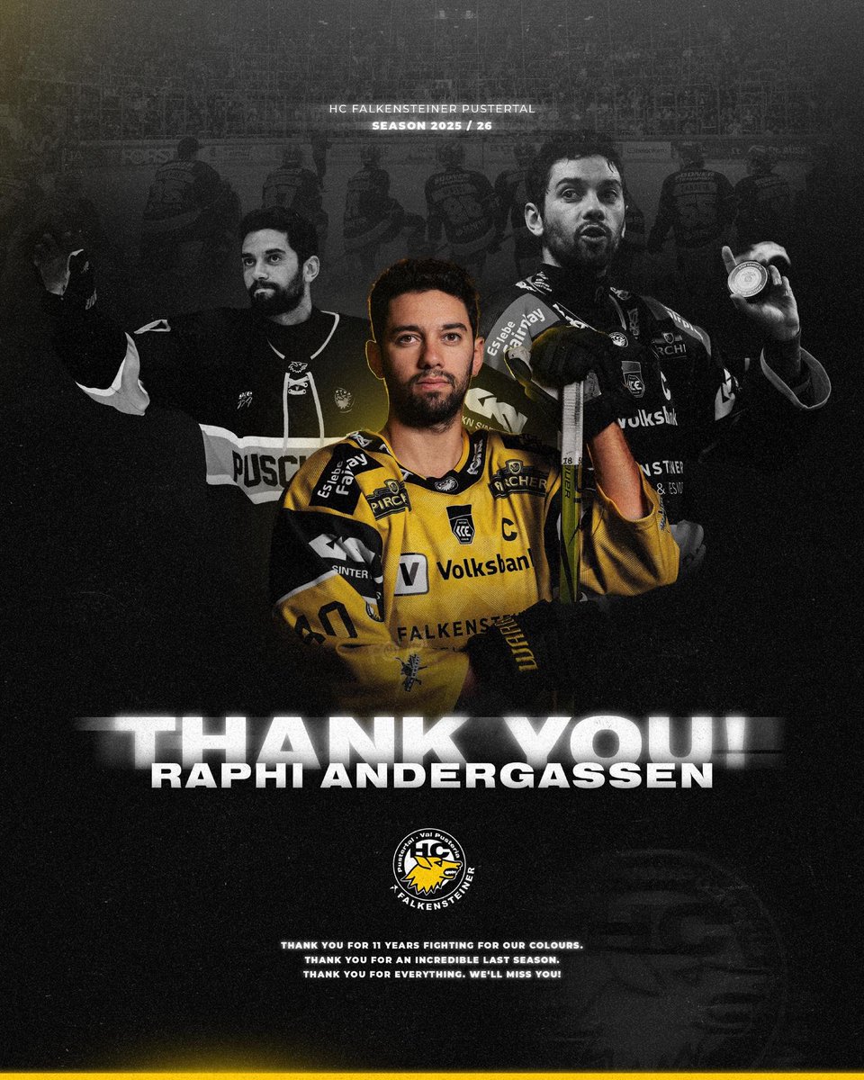 hcpustertal's tweet photo. 𝘿𝙖𝙣𝙠𝙚 𝙛𝙞 𝙤𝙡𝙡𝙨, 𝙍𝙖𝙥𝙝𝙞!! 🥹 Unser Kapitän Raphael Andergassen verlässt den HCP nach 11 Jahren und kehrt für ein letztes Karriere-Jahr zu seinem Heimatverein nach Kaltern zurück. Genieß es, lieber Raphi. Einmal #Puschtra, immer Puschtra! 💛 @win2dayICE https://t.co/yL7BotQ2ZK