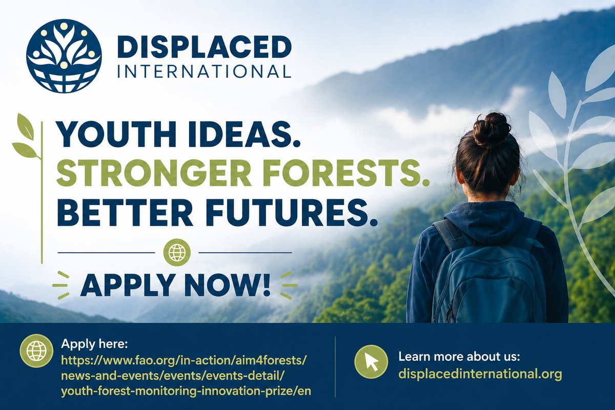 displacedint's tweet photo. Last few days for displaced and refugee youth to apply for the Youth Forest Monitoring Innovation Prize, part of the @World_FoodForum Transformative Research Challenge 2026!
Winners receive up to USD 10,000 in funding.
Apply 👉 https://t.co/edYn7nxwAg
#AIM4Forests #YouthInnovation #ClimateAction #Forests #RefugeeYouth
@FAO @FAOForestry @WFFYouth @energygovuk @UNHCRInnovation @UNHCRUSA @IOM_Global @UNYouthAffairs @MAshrafHaidari