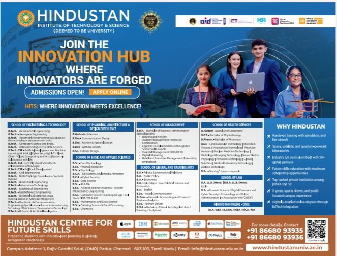 ecehits's tweet photo. Hindustan Institute of Technology and Science (HITS), Chennai - A Top-Ranking Institute of Excellence! 🌟Admissions Open | Apply Now
Discover the HITS advantage and take the first step towards a successful career.
#HITS  #JoinHITS #ECEatHITS https://t.co/f4v8L14Elr