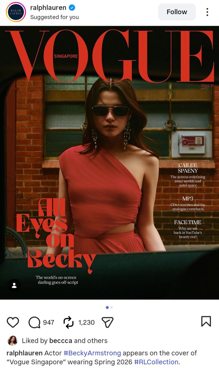 BECKYTRENDLAB's tweet photo. Last time, Ralph Lauren invited Becky to the Australian Open, placing her within the brand’s global sports and fashion space.
Now the same 16.6M-follower global account is posting her again through Vogue Singapore. #RLEditorials
At some point, people need to stop treating these as random one-off appearances. The same platform that features names like Gigi Hadid and Julianne Moore continues to place Becky within that global fashion conversation, and the consistency behind it is becoming harder to ignore.
And the interesting part?
The pipeline still doesn’t look finished yet. 💙✨️
@RalphLauren #RalphLauren
#RLCollection #beckysangels #BeckyEntertainment #BeckyTrendLab