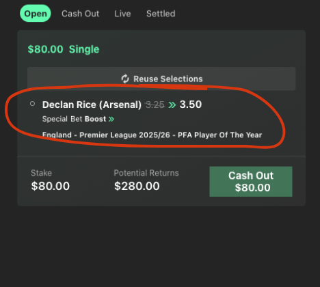 PLTalkShow's tweet photo. Declan Rice、PFA最優秀選手受賞3.5倍に$80!
頑張れデクラン⚪️🔴 https://t.co/13ikftO5bV
